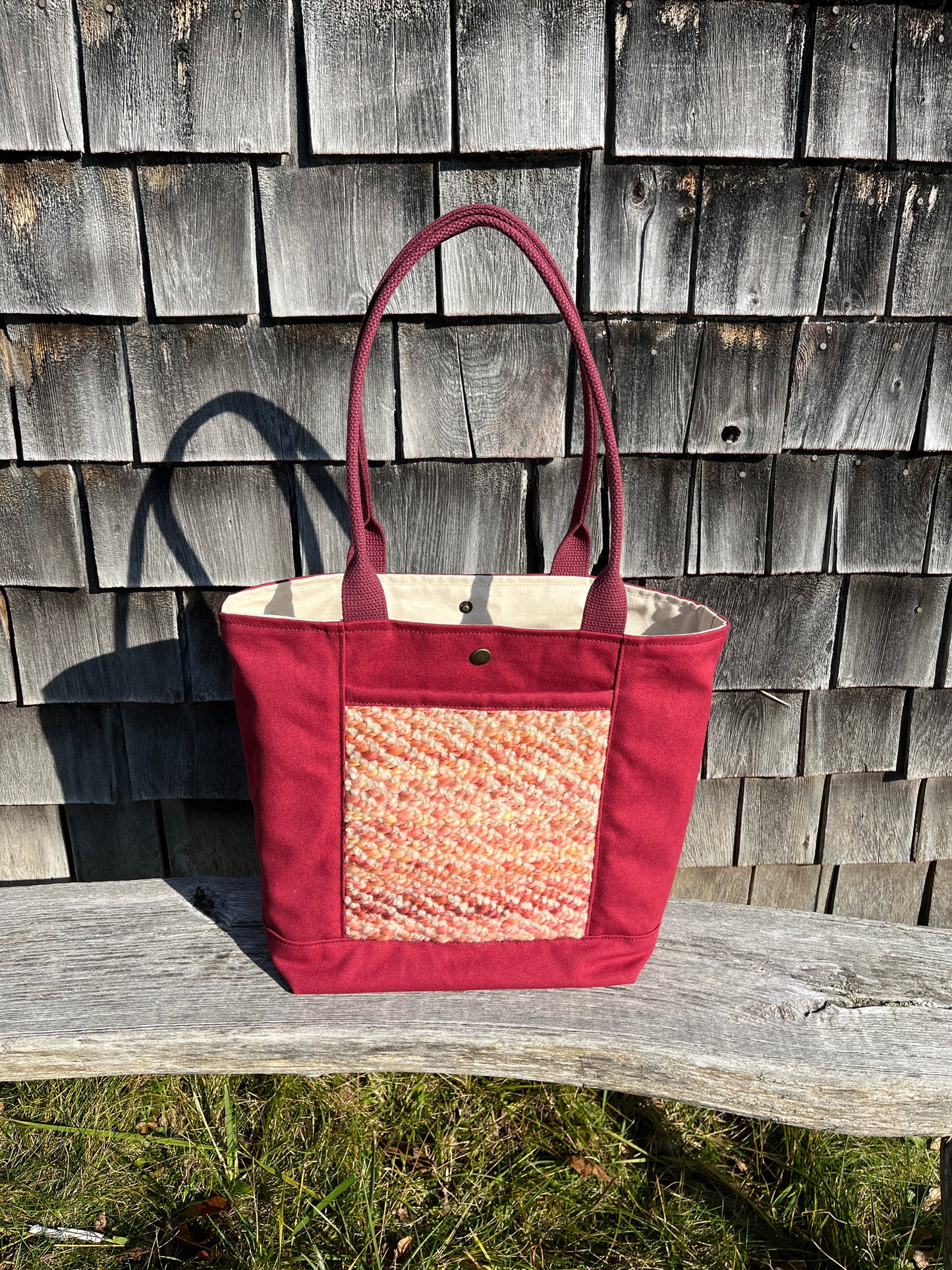 Bent Snap Tote - peach coral textile  / cranberry canvas