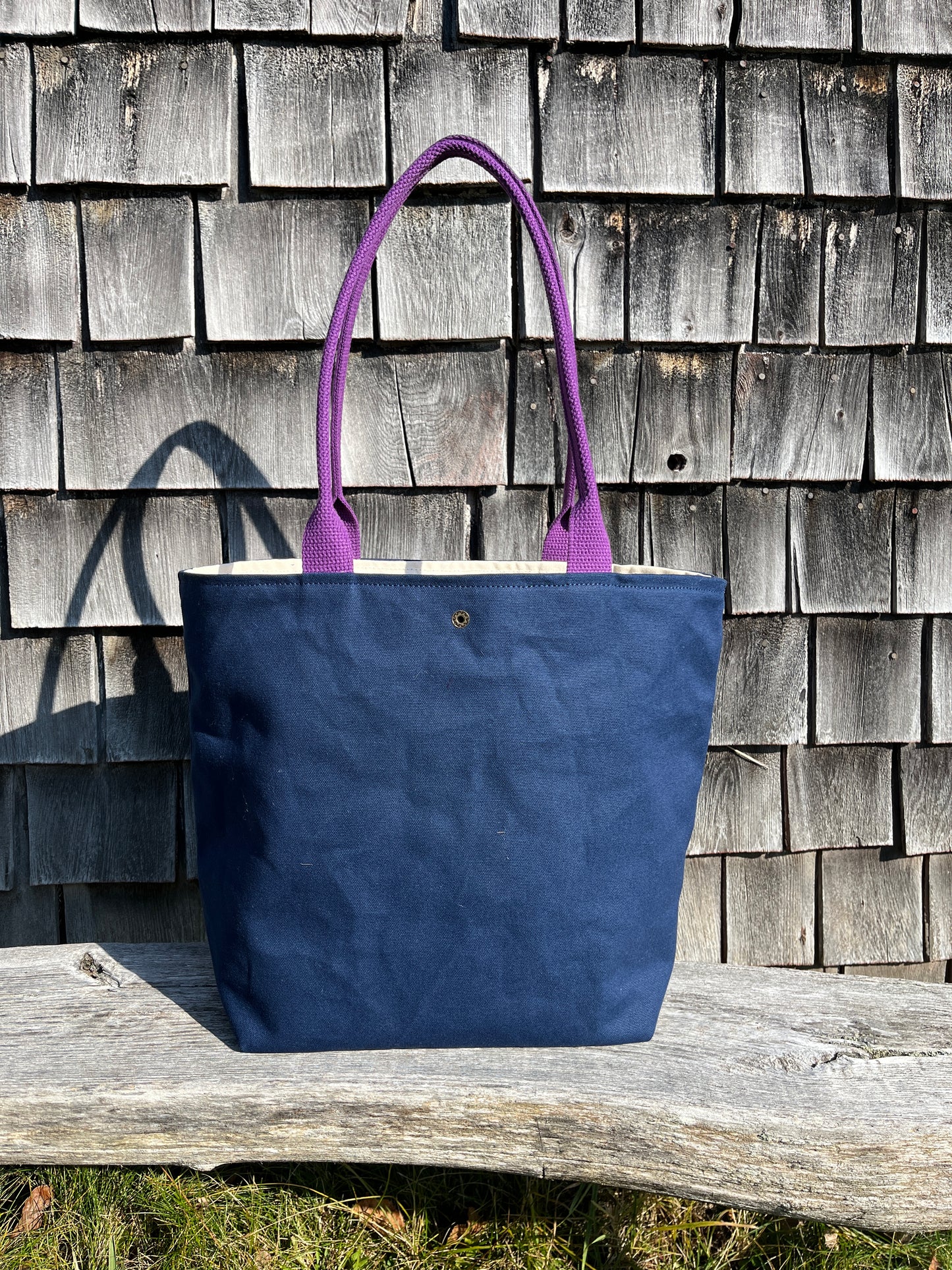 Bent Snap Tote - blue purple textile  / navy canvas