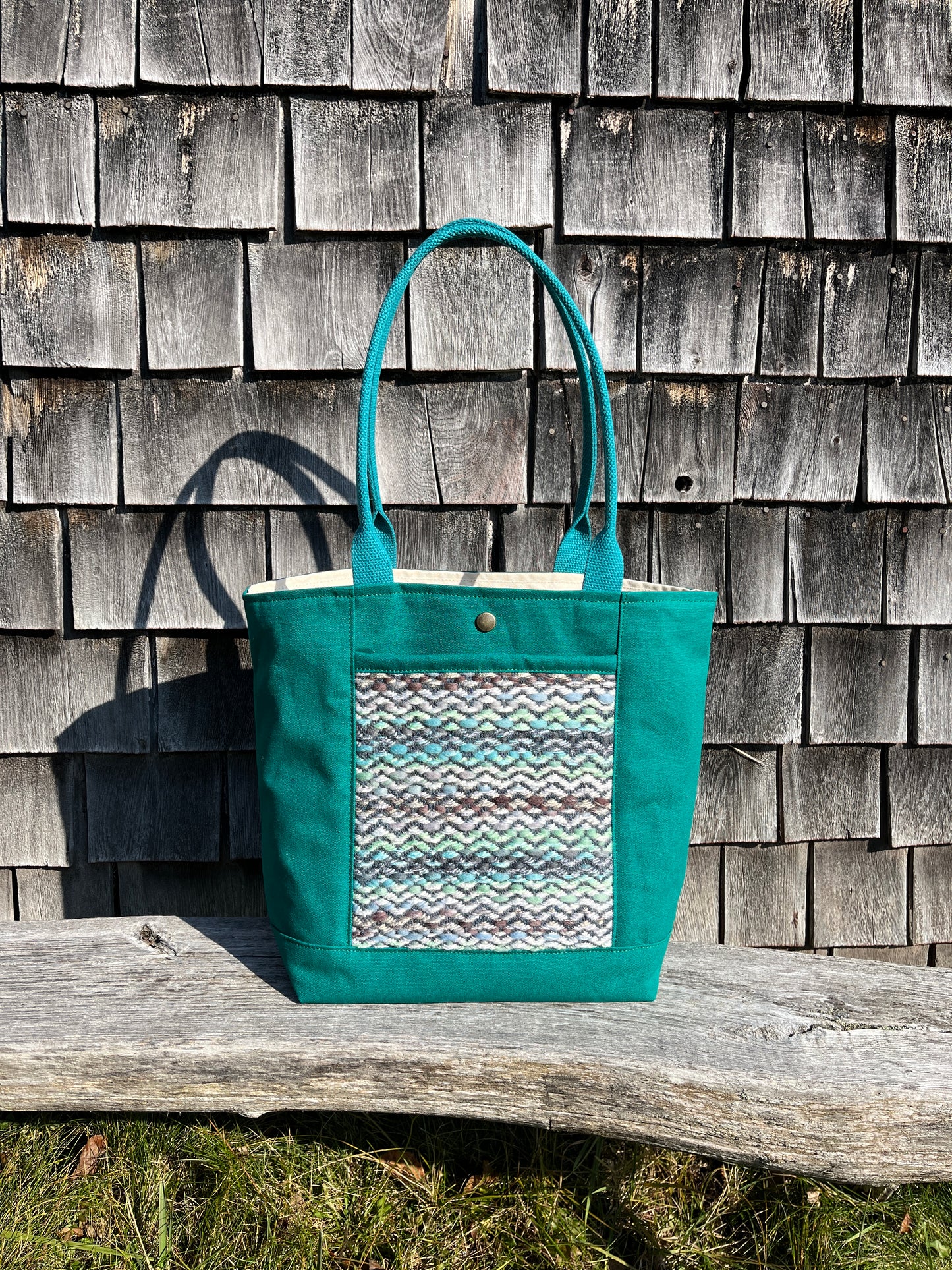 Bent Snap Tote - blue green textile  / teal canvas