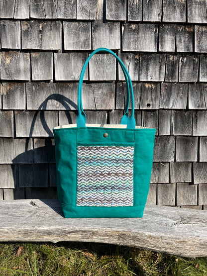 Bent Snap Tote - blue green textile  / teal canvas