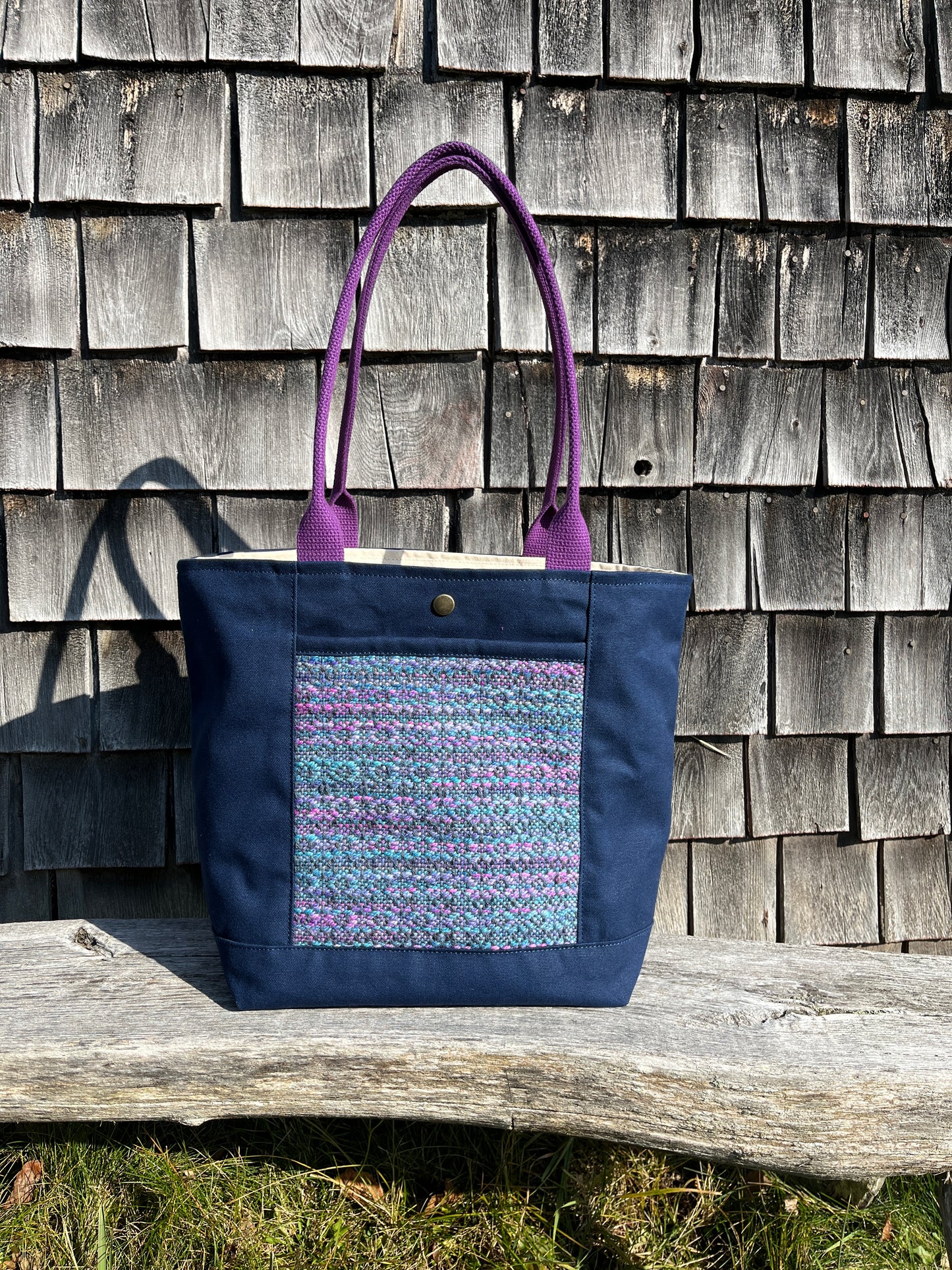 Bent Snap Tote - blue purple textile  / navy canvas