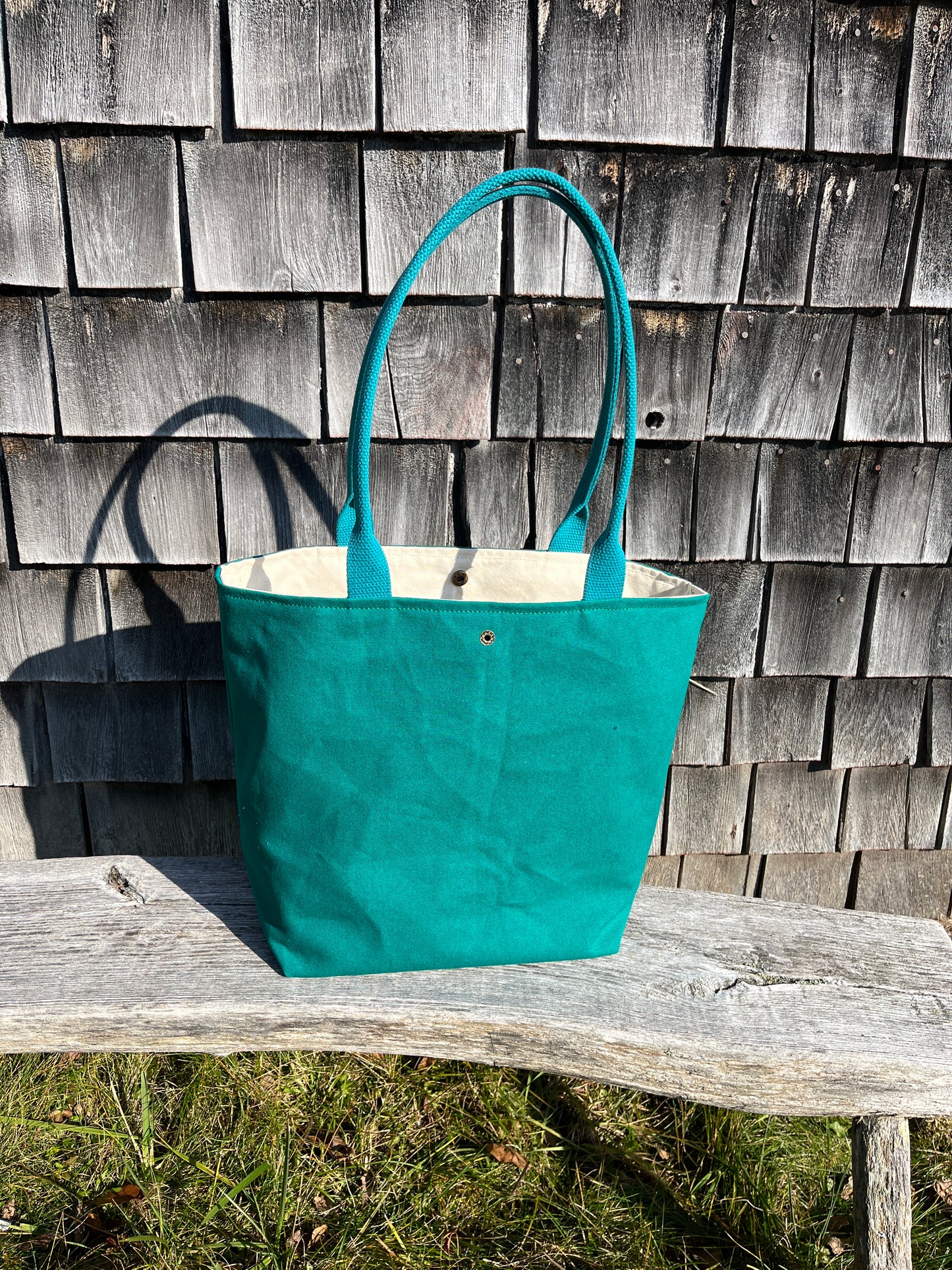 Bent Snap Tote - blue green textile  / teal canvas