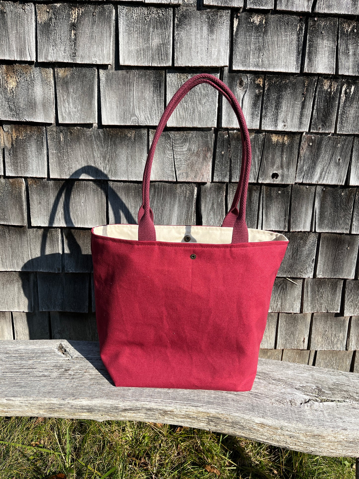 Bent Snap Tote - peach coral textile  / cranberry canvas