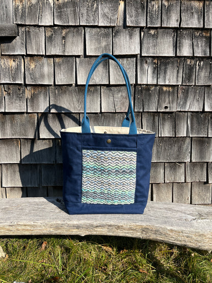 Bent Snap Tote - blue green textile  / navy canvas