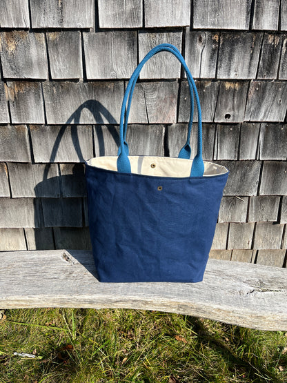 Bent Snap Tote - blue green textile  / navy canvas